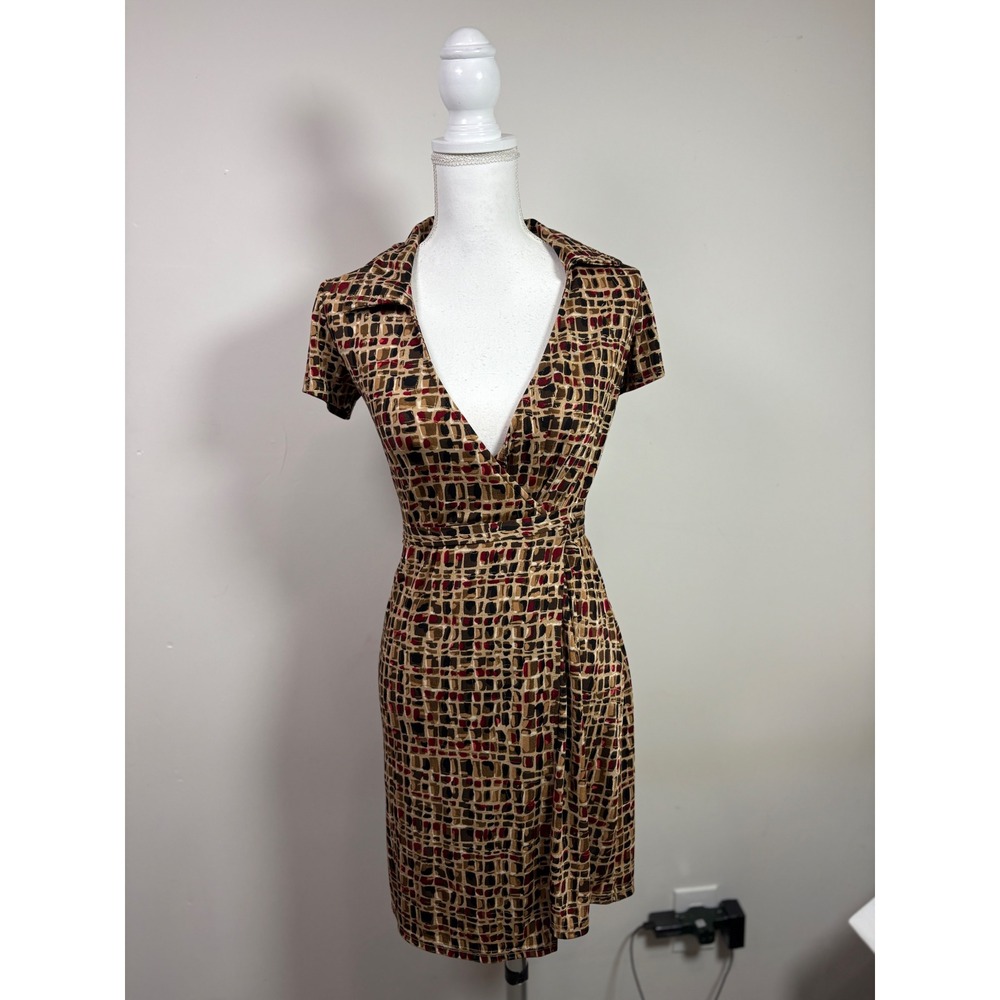 I.N. San Francisco Women Brown Red Geometric Metallic Wrap Dress Size 11